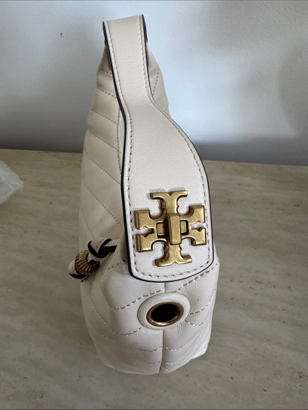 Tory Burch White Quilted Leather Shoulder mini Bag with Gold Emblem